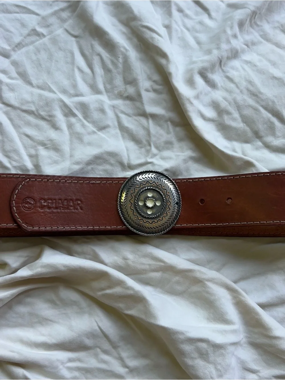 COLMAR Brown Leather Belt with Decorative Silver Concho Buckle